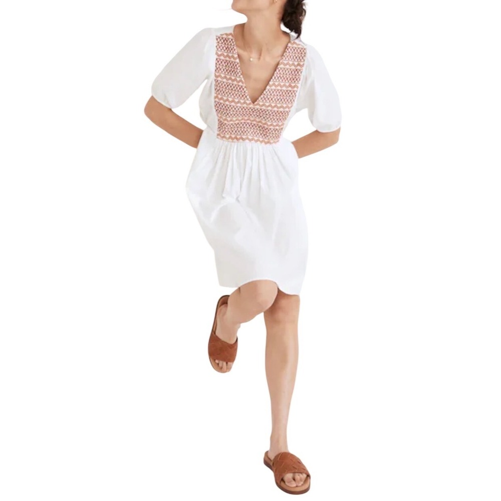Madewell Embroidered Poplin‎ Mini Dress Puff Sleeve Small White Cottage Boho
